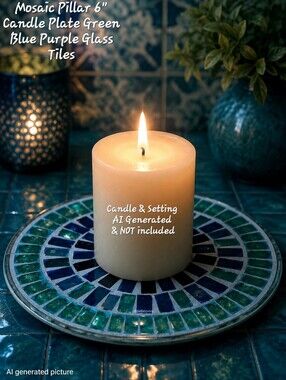 Mosaic Pillar Candle Plate 6" Green Blue Purple Glass Tiles